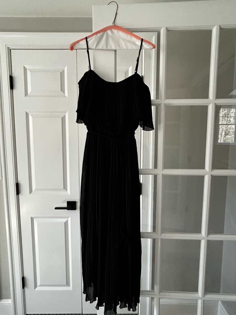 Black Pleated Maxi Dress with Spaghetti Straps and Tassle Tie Waist